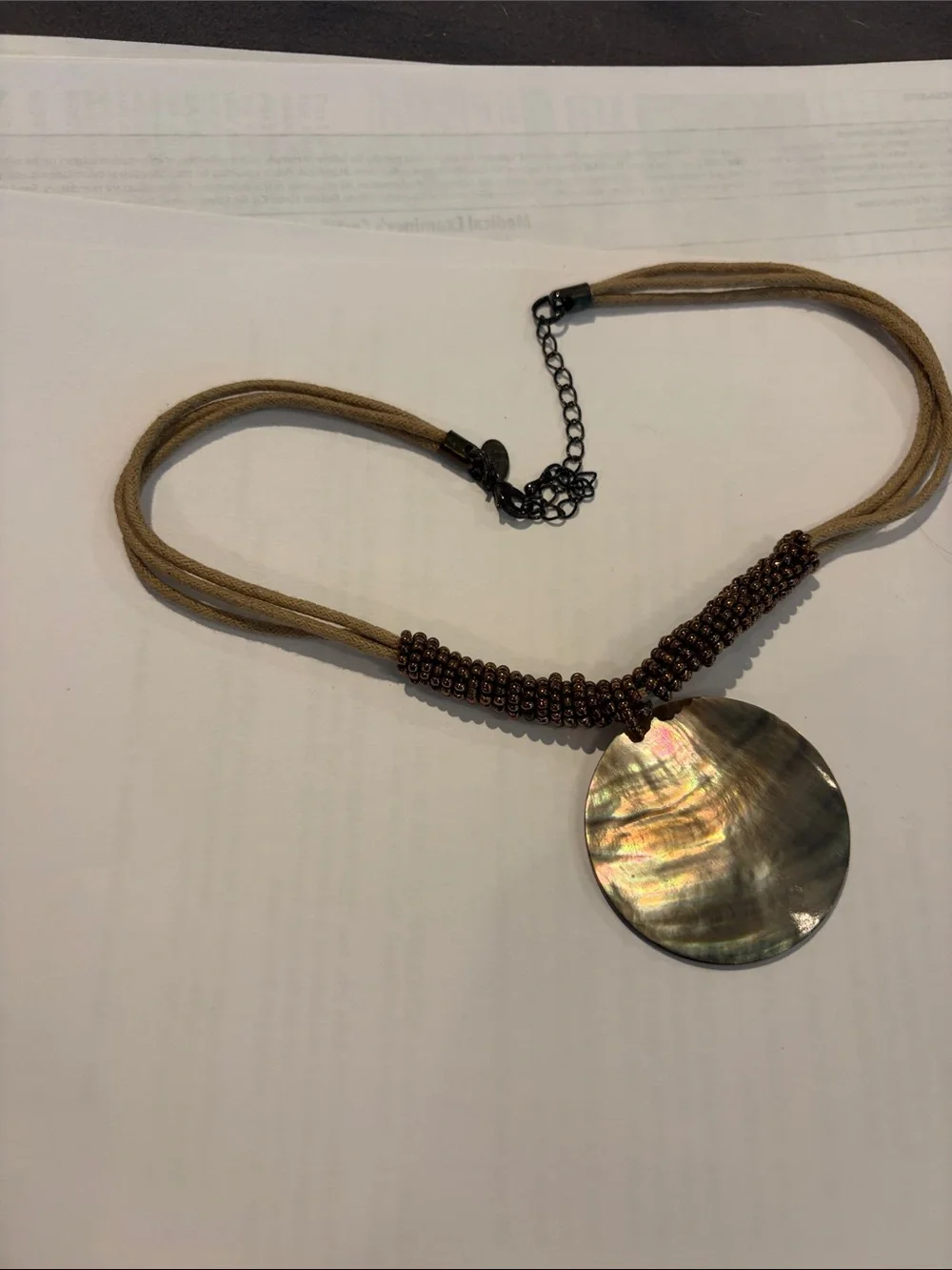 Women’s Beige Cord Necklace with Iridescent Shell Pendant